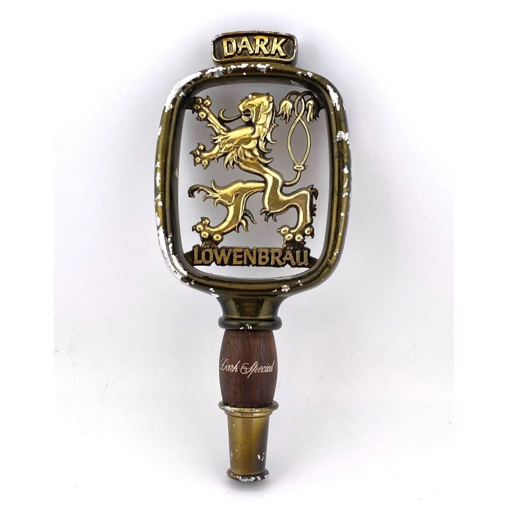 Vintage Lowenbrau Dark Special Beer Filigree Design Tap Handle Gold Metal Lion
